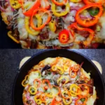 BBQ brisket pizza in a skillet.